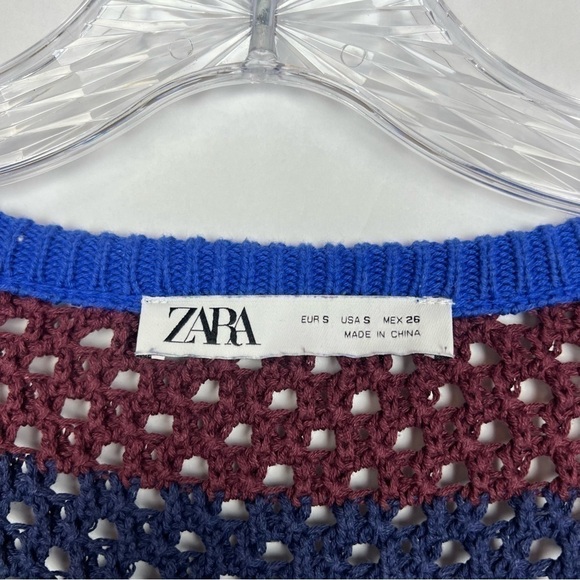 Zara women square neck crochet top size S cropped long sleeve striped multicolor - Picture 8 of 9